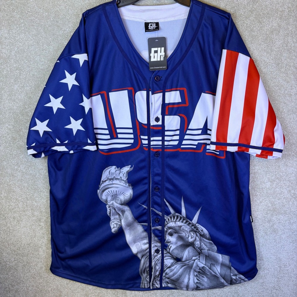 Greater Half Baseball Jersey Mens 4XL Blue USA America #1 Statue of Liberty NEW